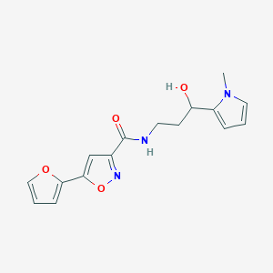 molecular formula C16H17N3O4 B2856085 5-(furan-2-yl)-N-(3-hydroxy-3-(1-methyl-1H-pyrrol-2-yl)propyl)isoxazole-3-carboxamide CAS No. 1795443-22-9