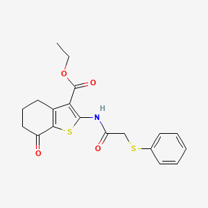 molecular formula C19H19NO4S2 B2856108 Ethyl 7-oxo-2-{[(phenylsulfanyl)acetyl]amino}-4,5,6,7-tetrahydro-1-benzothiophene-3-carboxylate CAS No. 299962-51-9