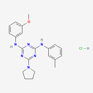 molecular formula C21H25ClN6O B2856111 N2-(3-methoxyphenyl)-6-(pyrrolidin-1-yl)-N4-(m-tolyl)-1,3,5-triazine-2,4-diamine hydrochloride CAS No. 1179461-52-9