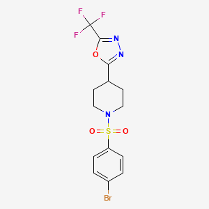 molecular formula C14H13BrF3N3O3S B2856196 2-(1-((4-Bromophenyl)sulfonyl)piperidin-4-yl)-5-(trifluoromethyl)-1,3,4-oxadiazole CAS No. 1705037-44-0