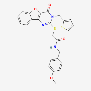 molecular formula C25H21N3O4S2 B2856200 N-(4-methoxybenzyl)-2-{[4-oxo-3-(thiophen-2-ylmethyl)-3,4-dihydro[1]benzofuro[3,2-d]pyrimidin-2-yl]sulfanyl}acetamide CAS No. 899754-80-4