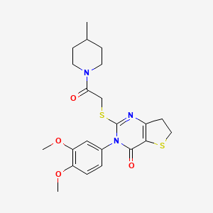 molecular formula C22H27N3O4S2 B2856220 3-(3,4-dimethoxyphenyl)-2-((2-(4-methylpiperidin-1-yl)-2-oxoethyl)thio)-6,7-dihydrothieno[3,2-d]pyrimidin-4(3H)-one CAS No. 877655-54-4