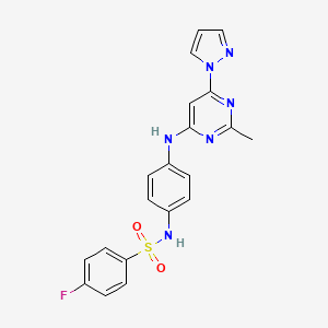 molecular formula C20H17FN6O2S B2856221 4-fluoro-N-(4-((2-methyl-6-(1H-pyrazol-1-yl)pyrimidin-4-yl)amino)phenyl)benzenesulfonamide CAS No. 1202994-64-6