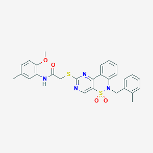 molecular formula C28H26N4O4S2 B2856231 N-(2-methoxy-5-methylphenyl)-2-((6-(2-methylbenzyl)-5,5-dioxido-6H-benzo[c]pyrimido[4,5-e][1,2]thiazin-2-yl)thio)acetamide CAS No. 932314-00-6