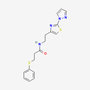 molecular formula C17H18N4OS2 B2856246 N-(2-(2-(1H-pyrazol-1-yl)thiazol-4-yl)ethyl)-3-(phenylthio)propanamide CAS No. 1428365-74-5