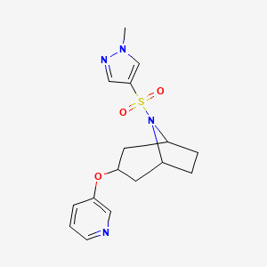 molecular formula C16H20N4O3S B2856282 (1R,5S)-8-((1-methyl-1H-pyrazol-4-yl)sulfonyl)-3-(pyridin-3-yloxy)-8-azabicyclo[3.2.1]octane CAS No. 2108443-11-2