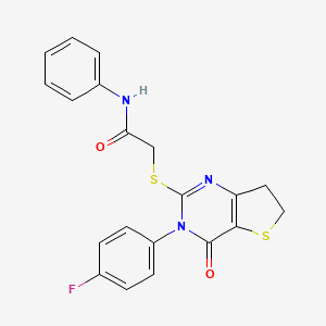 molecular formula C20H16FN3O2S2 B2856288 2-[[3-(4-fluorophenyl)-4-oxo-6,7-dihydrothieno[3,2-d]pyrimidin-2-yl]sulfanyl]-N-phenylacetamide CAS No. 686773-06-8