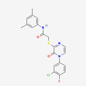 molecular formula C20H17ClFN3O2S B2856292 2-((4-(3-chloro-4-fluorophenyl)-3-oxo-3,4-dihydropyrazin-2-yl)thio)-N-(3,5-dimethylphenyl)acetamide CAS No. 899987-73-6