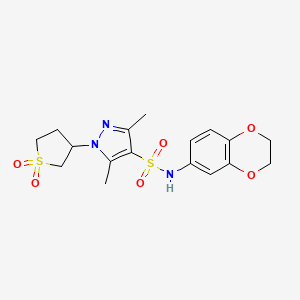 molecular formula C17H21N3O6S2 B2856302 N-(2,3-dihydrobenzo[b][1,4]dioxin-6-yl)-1-(1,1-dioxidotetrahydrothiophen-3-yl)-3,5-dimethyl-1H-pyrazole-4-sulfonamide CAS No. 942668-86-2