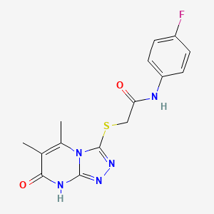 molecular formula C15H14FN5O2S B2856359 2-((5,6-dimethyl-7-oxo-7,8-dihydro-[1,2,4]triazolo[4,3-a]pyrimidin-3-yl)thio)-N-(4-fluorophenyl)acetamide CAS No. 891134-85-3