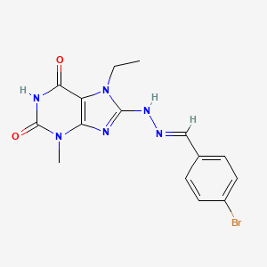 molecular formula C15H15BrN6O2 B2856396 (E)-8-(2-(4-bromobenzylidene)hydrazinyl)-7-ethyl-3-methyl-1H-purine-2,6(3H,7H)-dione CAS No. 329700-09-6