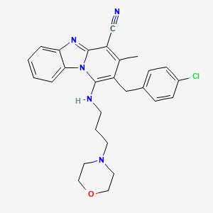 molecular formula C27H28ClN5O B2856406 12-[(4-Chlorophenyl)methyl]-11-methyl-13-{[3-(morpholin-4-yl)propyl]amino}-1,8-diazatricyclo[7.4.0.0^{2,7}]trideca-2(7),3,5,8,10,12-hexaene-10-carbonitrile CAS No. 861643-36-9