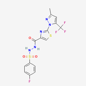 molecular formula C15H11F4N5O3S2 B2856508 4-氟-N'-({2-[3-甲基-5-(三氟甲基)-1H-吡唑-1-基]-1,3-噻唑-4-基}羰基)苯磺酰肼 CAS No. 955963-17-4