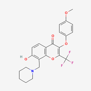 molecular formula C23H22F3NO5 B2856527 7-hydroxy-3-(4-methoxyphenoxy)-8-(piperidin-1-ylmethyl)-2-(trifluoromethyl)-4H-chromen-4-one CAS No. 302952-70-1