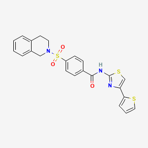 molecular formula C23H19N3O3S3 B2856530 4-(3,4-dihydro-1H-isoquinolin-2-ylsulfonyl)-N-(4-thiophen-2-yl-1,3-thiazol-2-yl)benzamide CAS No. 361480-60-6