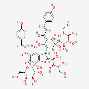 4(2H)-Benzofuranone, 7-beta-D-glucopyranosyl-3-[3-beta-D-glucopyranosyl-2,3,4-trihydroxy-5-[(2E)-3-(4-hydroxyphenyl)-1-oxo-2-propenyl]-6-oxo-1,4-cyclohexadien-1-yl]-3,7-dihydro-6,7-dihydroxy-5-[(2E)-3-(4-hydroxyphenyl)-1-oxo-2-propenyl]-2-[(1S,2R,3R)-1,2,3,4-tetrahydroxybutyl]-, (2S,3S)-