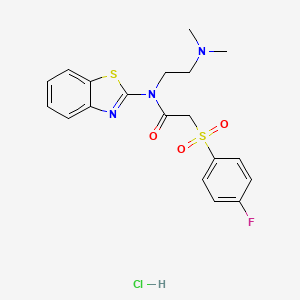 molecular formula C19H21ClFN3O3S2 B2856620 N-(benzo[d]thiazol-2-yl)-N-(2-(dimethylamino)ethyl)-2-((4-fluorophenyl)sulfonyl)acetamide hydrochloride CAS No. 1215712-55-2