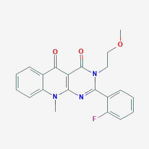 molecular formula C21H18FN3O3 B2856625 2-(2-fluorophenyl)-3-(2-methoxyethyl)-10-methylpyrimido[4,5-b]quinoline-4,5(3H,10H)-dione CAS No. 883957-02-6