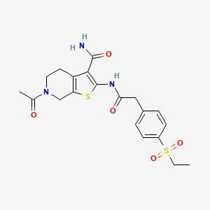 molecular formula C20H23N3O5S2 B2856669 6-Acetyl-2-(2-(4-(ethylsulfonyl)phenyl)acetamido)-4,5,6,7-tetrahydrothieno[2,3-c]pyridine-3-carboxamide CAS No. 919858-34-7