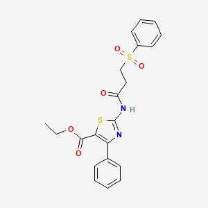 molecular formula C21H20N2O5S2 B2856678 Ethyl 4-phenyl-2-(3-(phenylsulfonyl)propanamido)thiazole-5-carboxylate CAS No. 868676-11-3