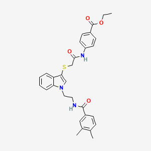 molecular formula C30H31N3O4S B2856697 Ethyl 4-[[2-[1-[2-[(3,4-dimethylbenzoyl)amino]ethyl]indol-3-yl]sulfanylacetyl]amino]benzoate CAS No. 532974-93-9