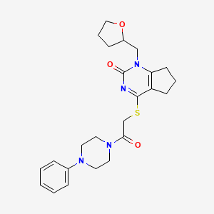 molecular formula C24H30N4O3S B2856705 4-((2-oxo-2-(4-phenylpiperazin-1-yl)ethyl)thio)-1-((tetrahydrofuran-2-yl)methyl)-6,7-dihydro-1H-cyclopenta[d]pyrimidin-2(5H)-one CAS No. 899993-36-3