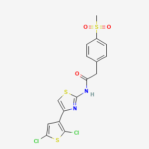 molecular formula C16H12Cl2N2O3S3 B2856722 N-(4-(2,5-dichlorothiophen-3-yl)thiazol-2-yl)-2-(4-(methylsulfonyl)phenyl)acetamide CAS No. 941971-49-9
