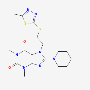 molecular formula C18H25N7O2S2 B2856731 1,3-dimethyl-7-(2-((5-methyl-1,3,4-thiadiazol-2-yl)thio)ethyl)-8-(4-methylpiperidin-1-yl)-1H-purine-2,6(3H,7H)-dione CAS No. 850914-61-3