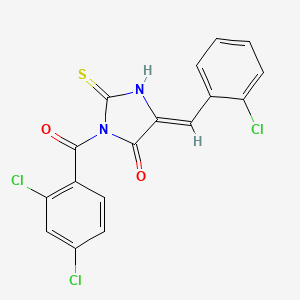 molecular formula C17H9Cl3N2O2S B2856801 5-[(2-Chlorophenyl)methylidene]-3-(2,4-dichlorobenzoyl)-2-sulfanylideneimidazolidin-4-one CAS No. 565196-32-9