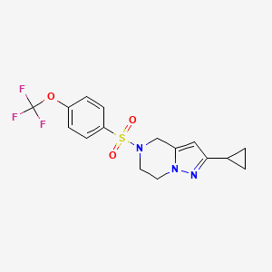 molecular formula C16H16F3N3O3S B2856813 2-Cyclopropyl-5-((4-(trifluoromethoxy)phenyl)sulfonyl)-4,5,6,7-tetrahydropyrazolo[1,5-a]pyrazine CAS No. 2034326-92-4