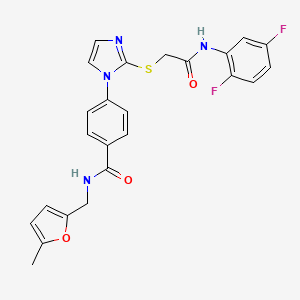 molecular formula C24H20F2N4O3S B2856864 4-(2-((2-((2,5-difluorophenyl)amino)-2-oxoethyl)thio)-1H-imidazol-1-yl)-N-((5-methylfuran-2-yl)methyl)benzamide CAS No. 1207025-04-4