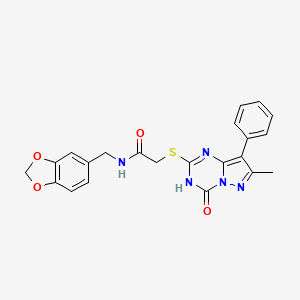 molecular formula C22H19N5O4S B2856866 N-(benzo[d][1,3]dioxol-5-ylmethyl)-2-((7-methyl-4-oxo-8-phenyl-3,4-dihydropyrazolo[1,5-a][1,3,5]triazin-2-yl)thio)acetamide CAS No. 946370-86-1