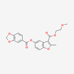 molecular formula C21H18O8 B2857001 3-((2-Methoxyethoxy)carbonyl)-2-methylbenzofuran-5-yl benzo[d][1,3]dioxole-5-carboxylate CAS No. 896069-17-3