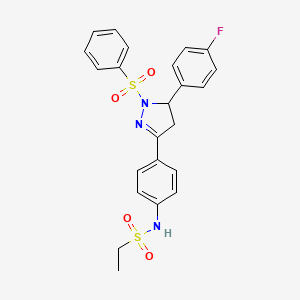 molecular formula C23H22FN3O4S2 B2857003 N-(4-(5-(4-fluorophenyl)-1-(phenylsulfonyl)-4,5-dihydro-1H-pyrazol-3-yl)phenyl)ethanesulfonamide CAS No. 851781-45-8