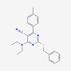 molecular formula C23H24N4S B2857033 2-(Benzylsulfanyl)-4-(diethylamino)-6-(4-methylphenyl)-5-pyrimidinecarbonitrile CAS No. 303985-66-2