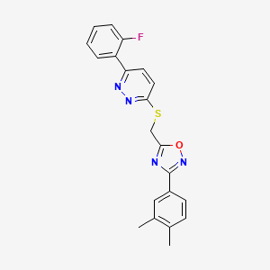 molecular formula C21H17FN4OS B2857040 3-(3,4-Dimethylphenyl)-5-(((6-(2-fluorophenyl)pyridazin-3-yl)thio)methyl)-1,2,4-oxadiazole CAS No. 1112278-09-7