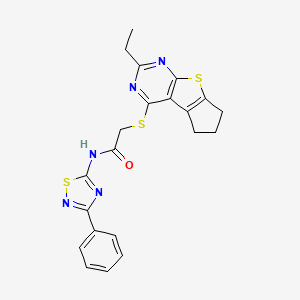 molecular formula C21H19N5OS3 B2857043 2-({10-ethyl-7-thia-9,11-diazatricyclo[6.4.0.0^{2,6}]dodeca-1(8),2(6),9,11-tetraen-12-yl}sulfanyl)-N-(3-phenyl-1,2,4-thiadiazol-5-yl)acetamide CAS No. 690643-64-2