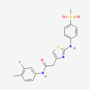 molecular formula C19H18FN3O3S2 B2857065 N-(3-fluoro-4-methylphenyl)-2-(2-((4-(methylsulfonyl)phenyl)amino)thiazol-4-yl)acetamide CAS No. 1105227-85-7