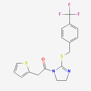 molecular formula C17H15F3N2OS2 B2857069 2-(thiophen-2-yl)-1-(2-((4-(trifluoromethyl)benzyl)thio)-4,5-dihydro-1H-imidazol-1-yl)ethanone CAS No. 851806-45-6