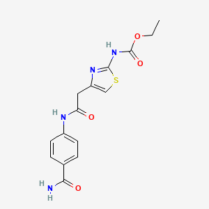 molecular formula C15H16N4O4S B2857081 Ethyl (4-(2-((4-carbamoylphenyl)amino)-2-oxoethyl)thiazol-2-yl)carbamate CAS No. 953137-00-3