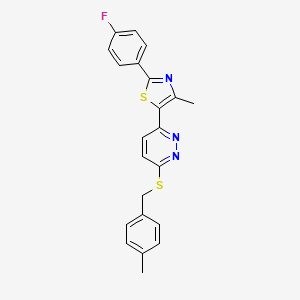 molecular formula C22H18FN3S2 B2857116 2-(4-Fluorophenyl)-4-methyl-5-(6-((4-methylbenzyl)thio)pyridazin-3-yl)thiazole CAS No. 923193-25-3