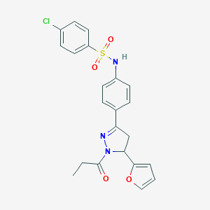 molecular formula C22H20ClN3O4S B285712 4-chloro-N-{4-[5-(2-furyl)-1-propionyl-4,5-dihydro-1H-pyrazol-3-yl]phenyl}benzenesulfonamide 