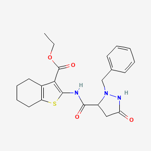 molecular formula C22H25N3O4S B2857237 Ethyl 2-(2-benzyl-5-oxopyrazolidine-3-carboxamido)-4,5,6,7-tetrahydrobenzo[b]thiophene-3-carboxylate CAS No. 956741-53-0