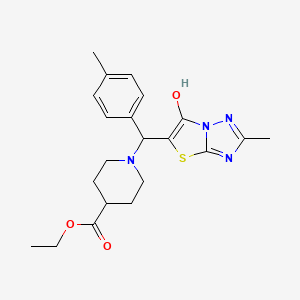 Ethyl 1-((6-hydroxy-2-methylthiazolo[3,2-b][1,2,4]triazol-5-yl)(p-tolyl)methyl)piperidine-4-carboxylate