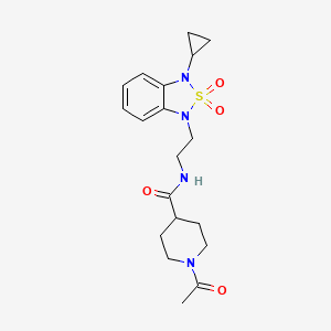 molecular formula C19H26N4O4S B2857274 1-乙酰基-N-[2-(3-环丙基-2,2-二氧代-1,3-二氢-2lambda6,1,3-苯并噻二唑-1-基)乙基]哌啶-4-甲酰胺 CAS No. 2097916-29-3
