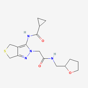 molecular formula C16H22N4O3S B2857287 N-(2-(2-oxo-2-(((tetrahydrofuran-2-yl)methyl)amino)ethyl)-4,6-dihydro-2H-thieno[3,4-c]pyrazol-3-yl)cyclopropanecarboxamide CAS No. 1105249-66-8