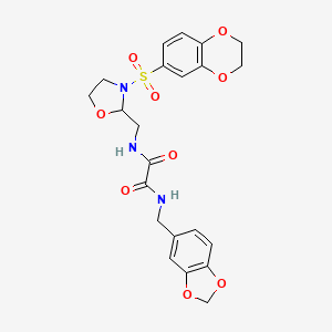 molecular formula C22H23N3O9S B2857324 N1-(benzo[d][1,3]dioxol-5-ylmethyl)-N2-((3-((2,3-dihydrobenzo[b][1,4]dioxin-6-yl)sulfonyl)oxazolidin-2-yl)methyl)oxalamide CAS No. 868982-43-8