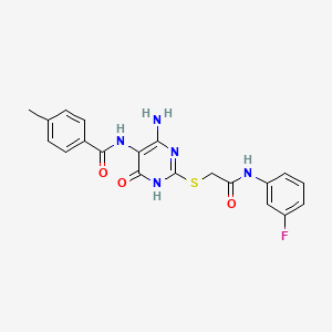 molecular formula C20H18FN5O3S B2857352 N-(4-amino-2-((2-((3-fluorophenyl)amino)-2-oxoethyl)thio)-6-oxo-1,6-dihydropyrimidin-5-yl)-4-methylbenzamide CAS No. 888423-47-0