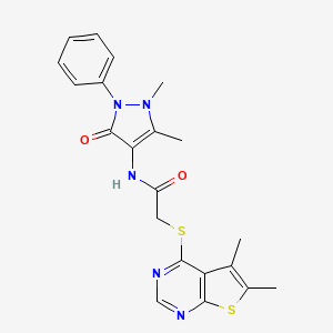 molecular formula C21H21N5O2S2 B2857365 N-(1,5-dimethyl-3-oxo-2-phenyl-2,3-dihydro-1H-pyrazol-4-yl)-2-((5,6-dimethylthieno[2,3-d]pyrimidin-4-yl)thio)acetamide CAS No. 379248-88-1