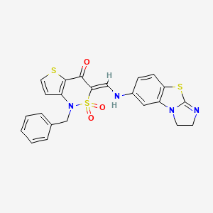 molecular formula C23H18N4O3S3 B2857427 (3Z)-1-benzyl-3-[(2,3-dihydroimidazo[2,1-b][1,3]benzothiazol-6-ylamino)methylene]-1H-thieno[3,2-c][1,2]thiazin-4(3H)-one 2,2-dioxide CAS No. 894671-89-7